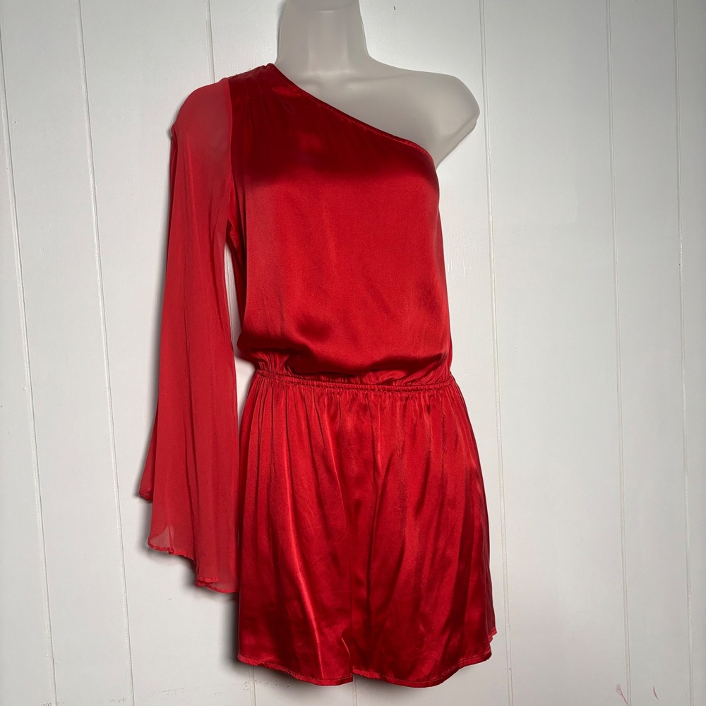 Y2K Marciano‎ Red Silk One Shoulder Bell Sleeve Mini Dress Sz Small